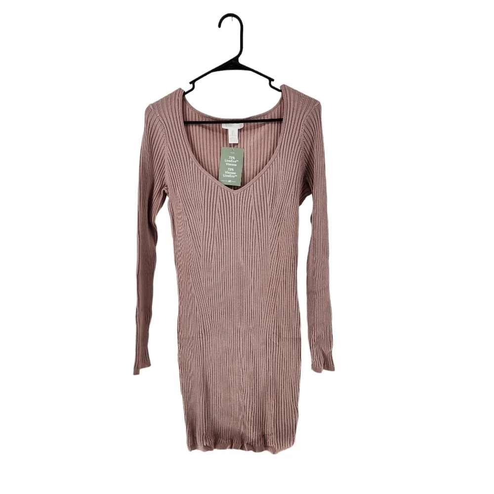 H&M Women's Ribbed Knit V-Neck Long Sleeve Mini Dress - L
